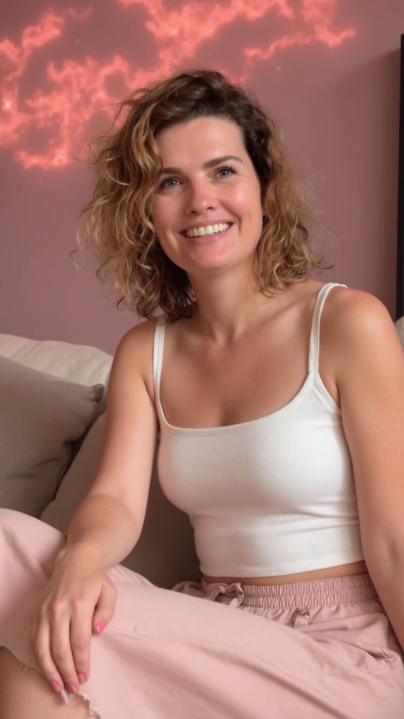 Julie Blanvillain, souriante, dans son univers rose