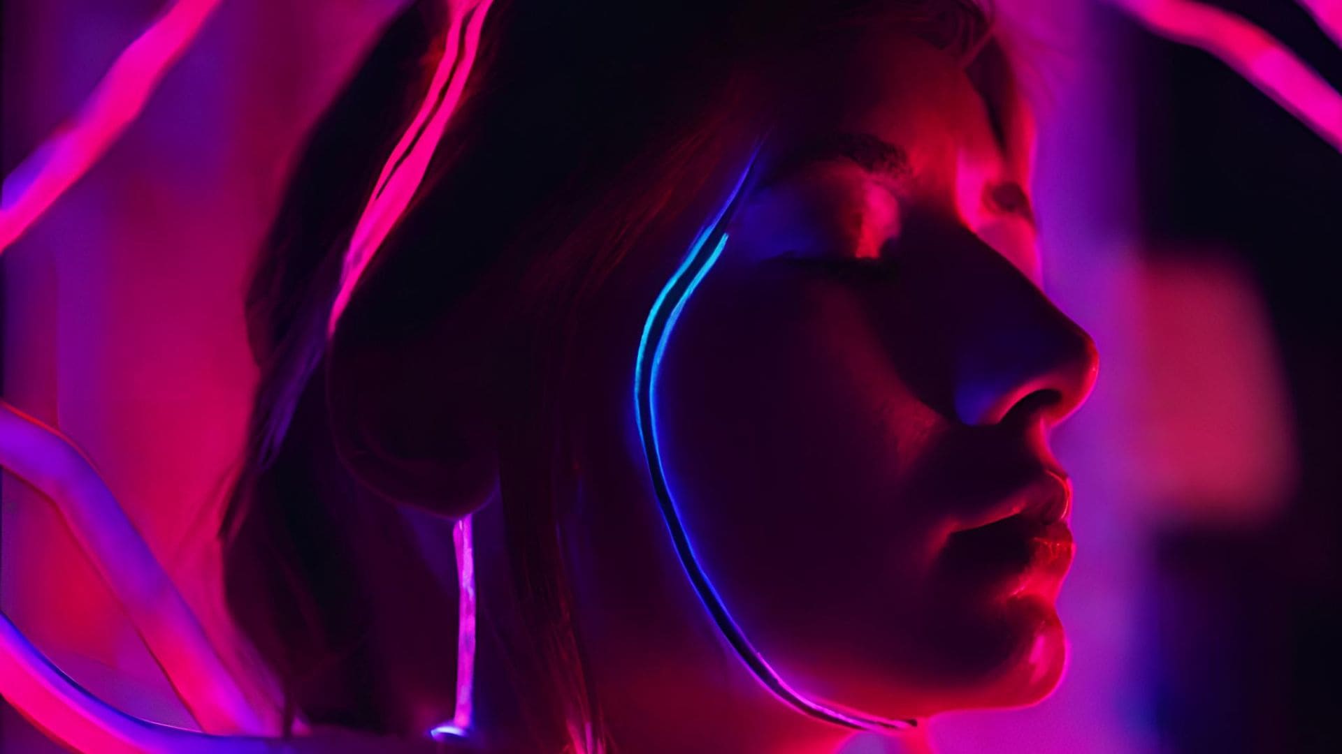 Femme portant un casque dans une lumière rose et violette